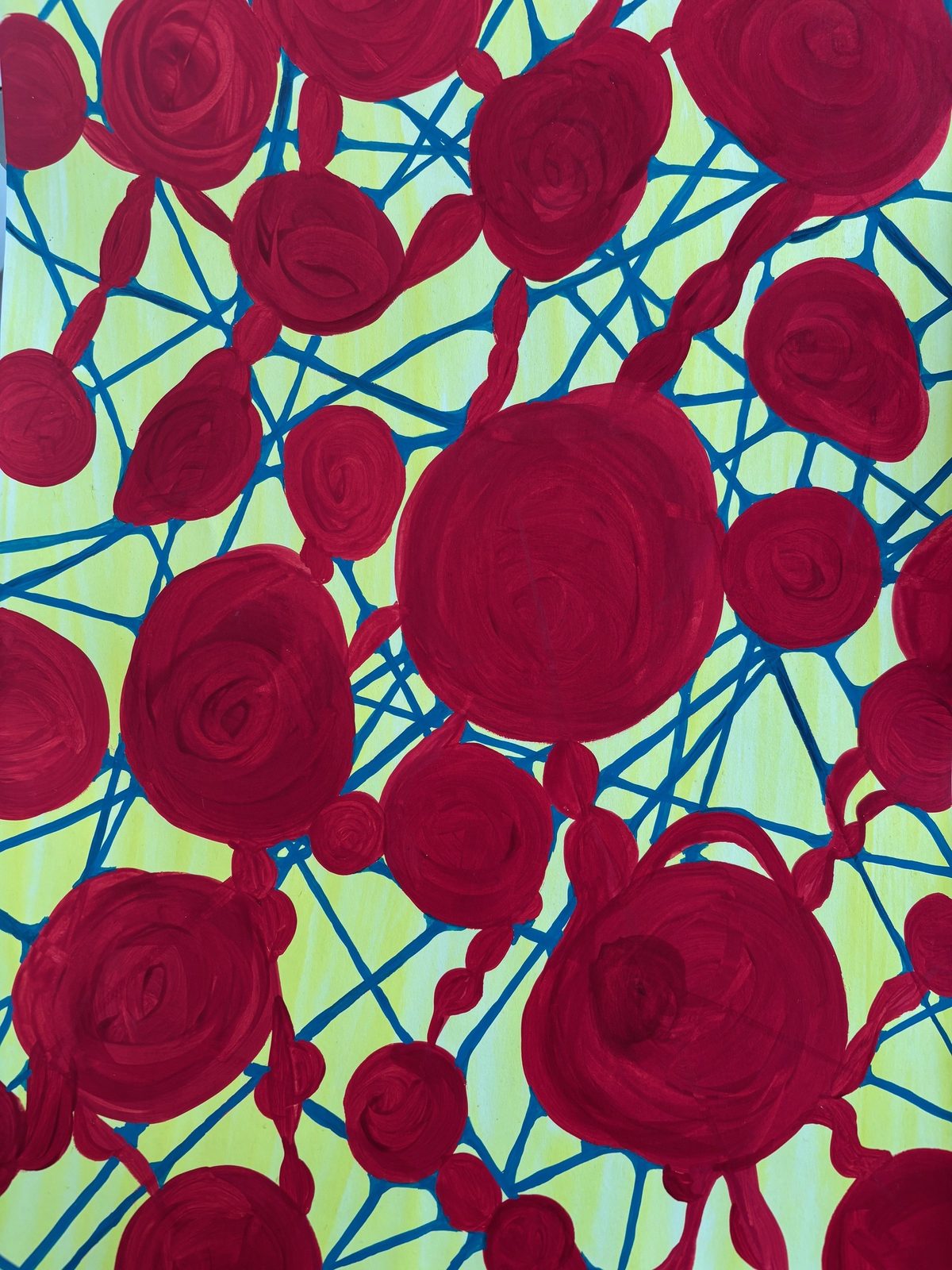 Abstract painting of deep red rose-like swirls connected by blue lines on a soft yellow background