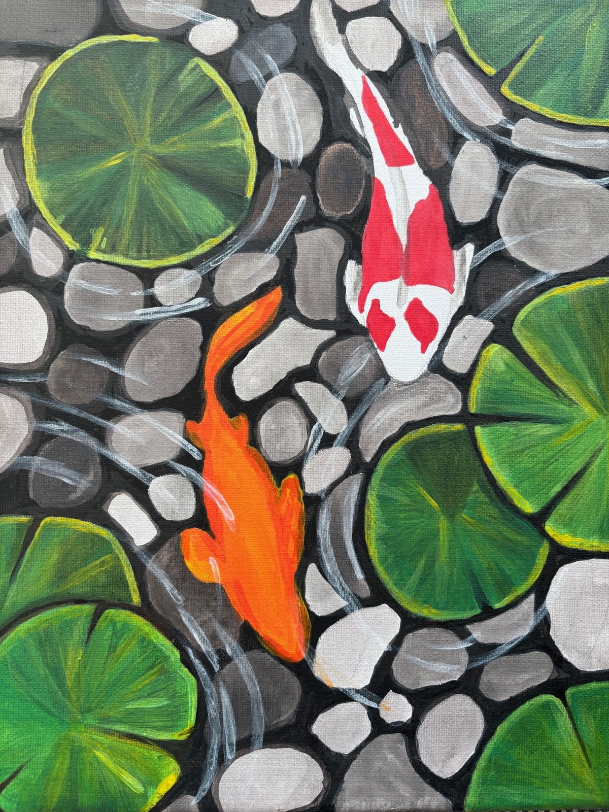 Painting of two koi fish, one orange and one red-and-white, swimming over pebbles between green lily pads