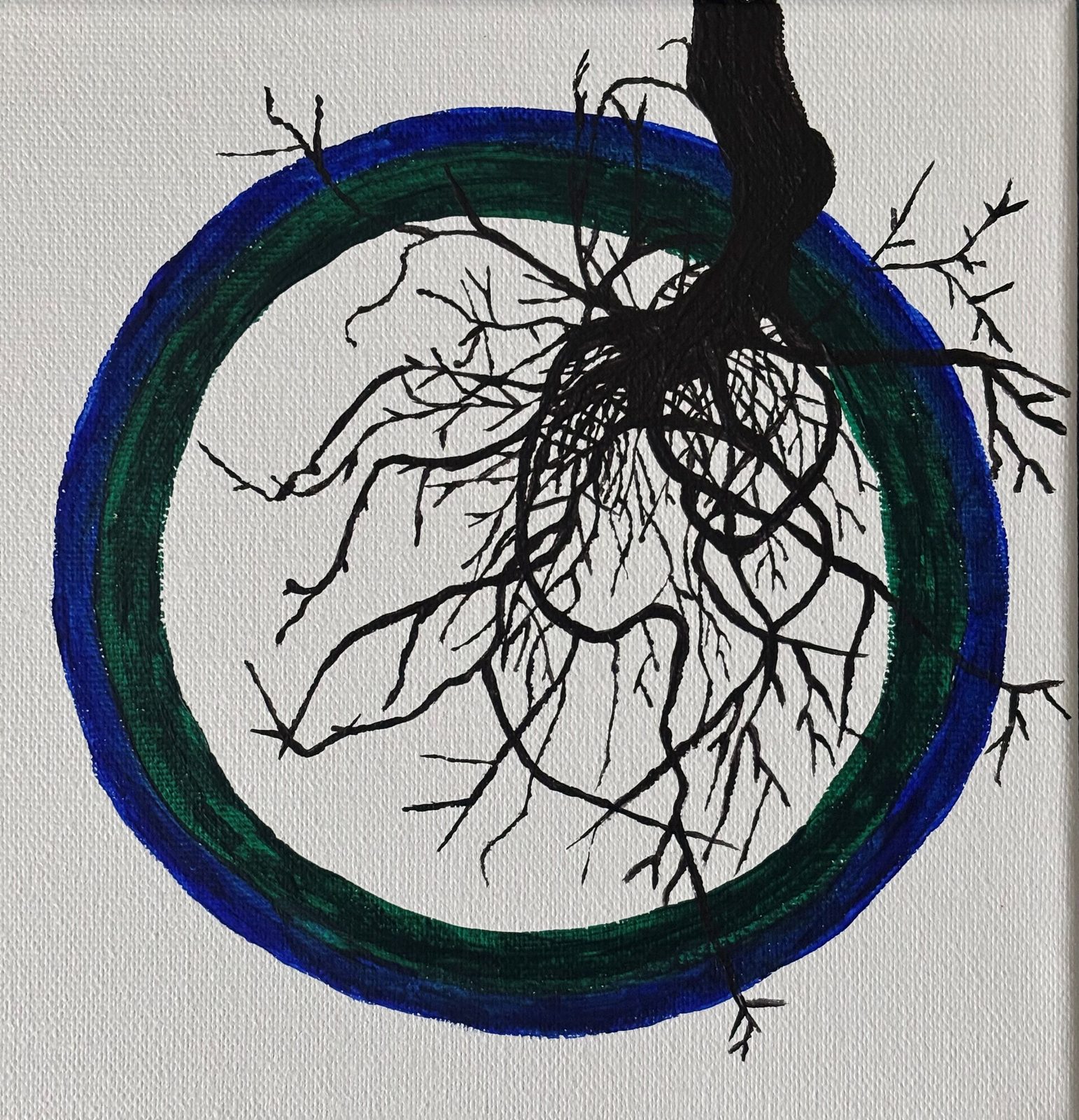 Black tree roots growing through and beyond a painted circle of blue and green on white canvas