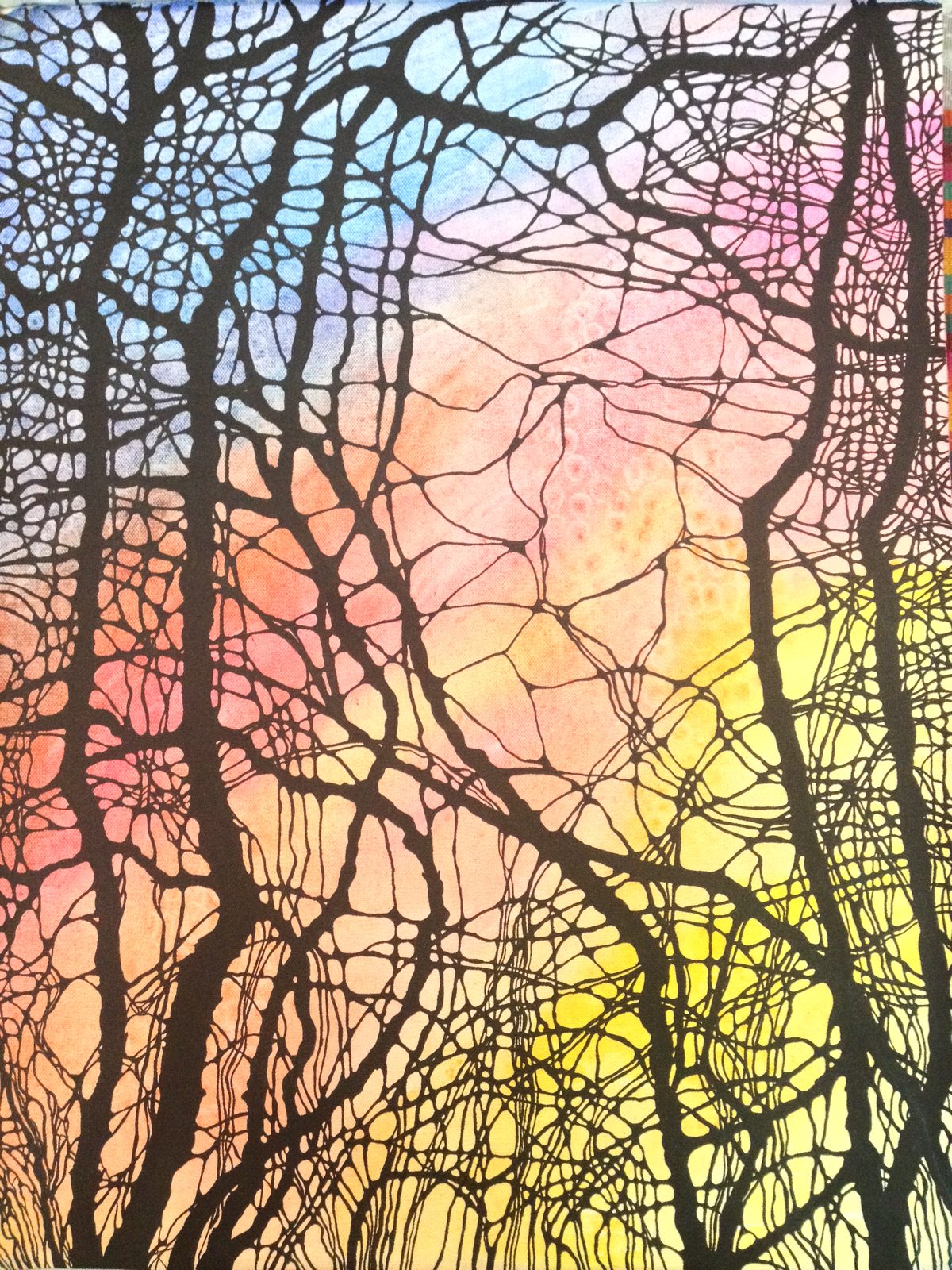 Black branching tree silhouettes tangled over a sky gradient of blue, pink, orange and yellow