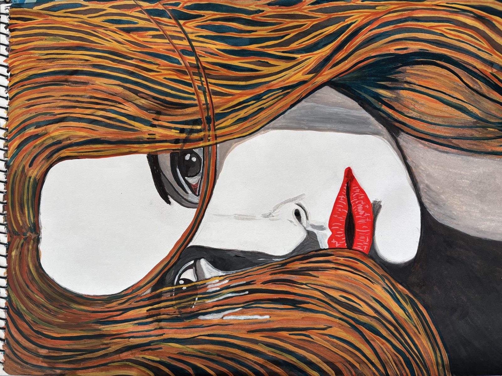 Surreal portrait of a face emerging between flowing currents of orange, amber and teal hair, with bright red lips