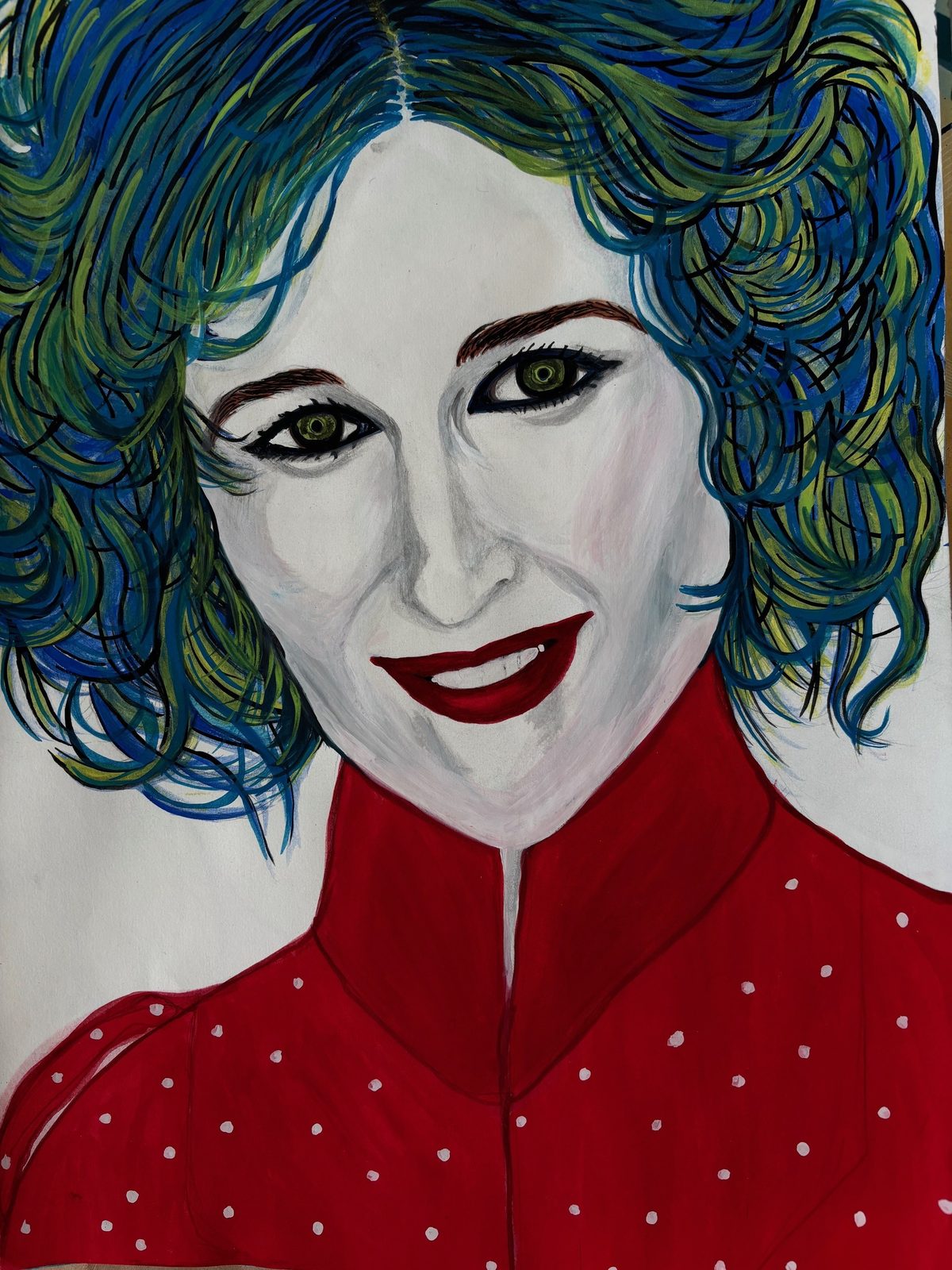 Portrait of a smiling woman with swirling blue and green curly hair, red lips and a red polka dot blouse